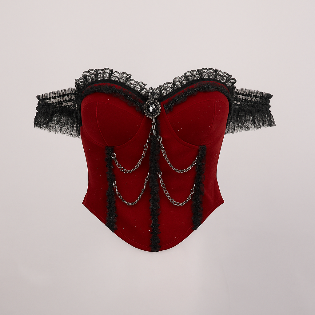 Gothic Red Off-Shoulder Shimmer Lace Corset Top