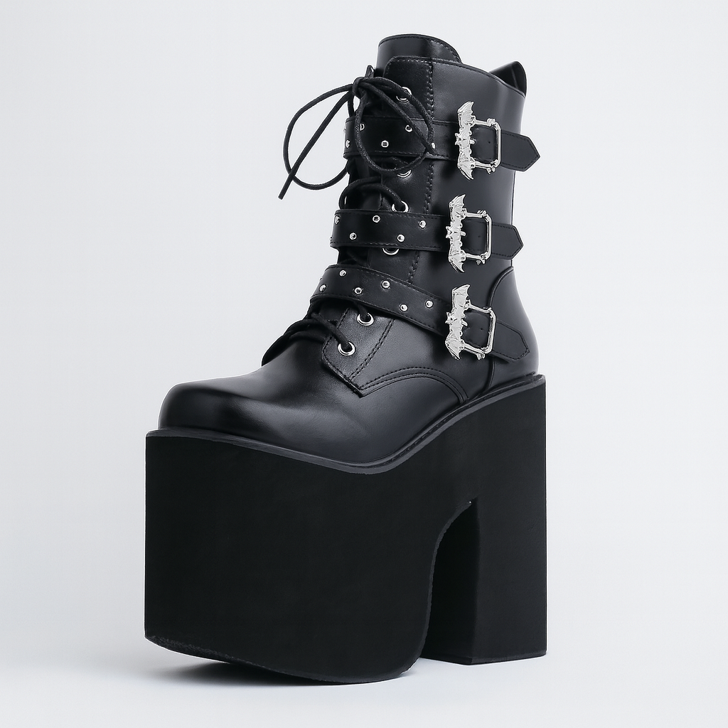 Women'S Mid-Calf Platform Boots, Punk Style Solid Color, with Buckle Detail, Side Zipper, and Lace-Up Front, Flannel Lined, Rubber Sole, Hand Washable, for Dress Occasions, All-Season Comfort, North America & European Special Edition