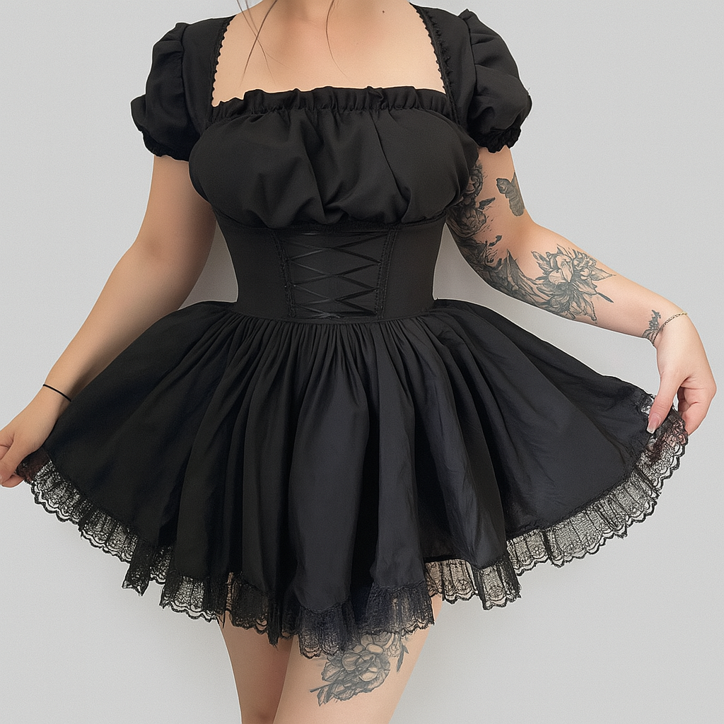 Gothic Ruffled Lace Mini Dress in Black Red and Burgundy