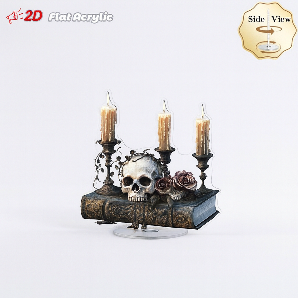 2D Flat, 1pc Gothic Skull & Roses Rotating Acrylic Desktop Decor with Candles - 2D Flat Spooky Halloween Decoration for Home Office, Creative Spaces, Relaxation Areas - No Electricity Needed, Halloween Home Decor, Mystical Ambiance, Elegant Design, 2D Fla
