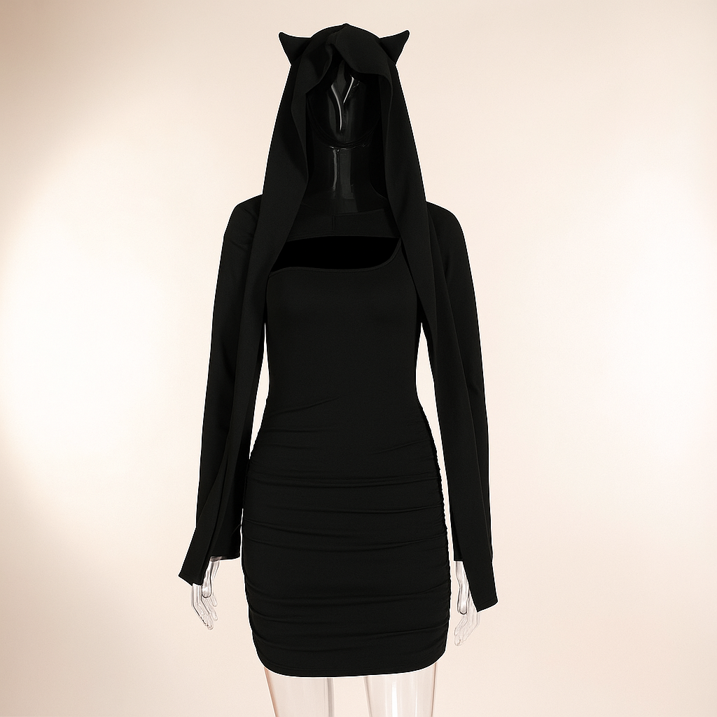 Gothic Cat-Ear Mini Dress Set with Slanted Neckline