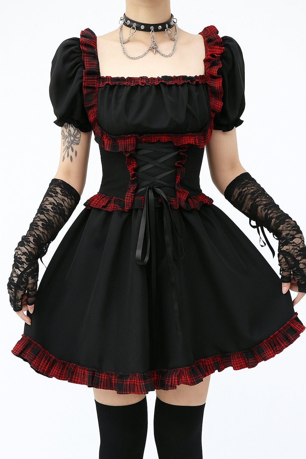 Gothic Punk Rock Dress with Plaid Detailing and Puff Sleeves