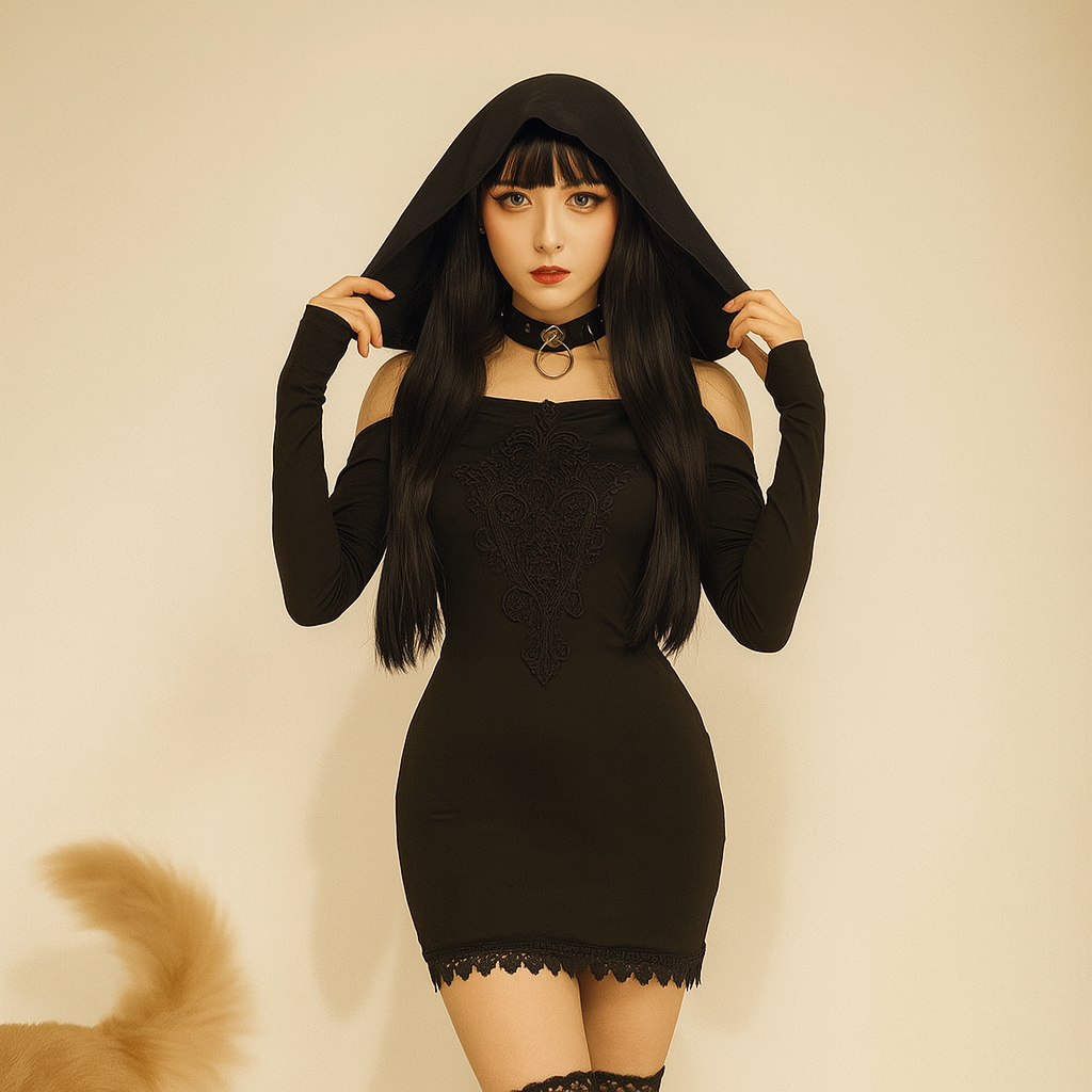 Hooded Lace Detail Bodycon Dress for Gothic Style