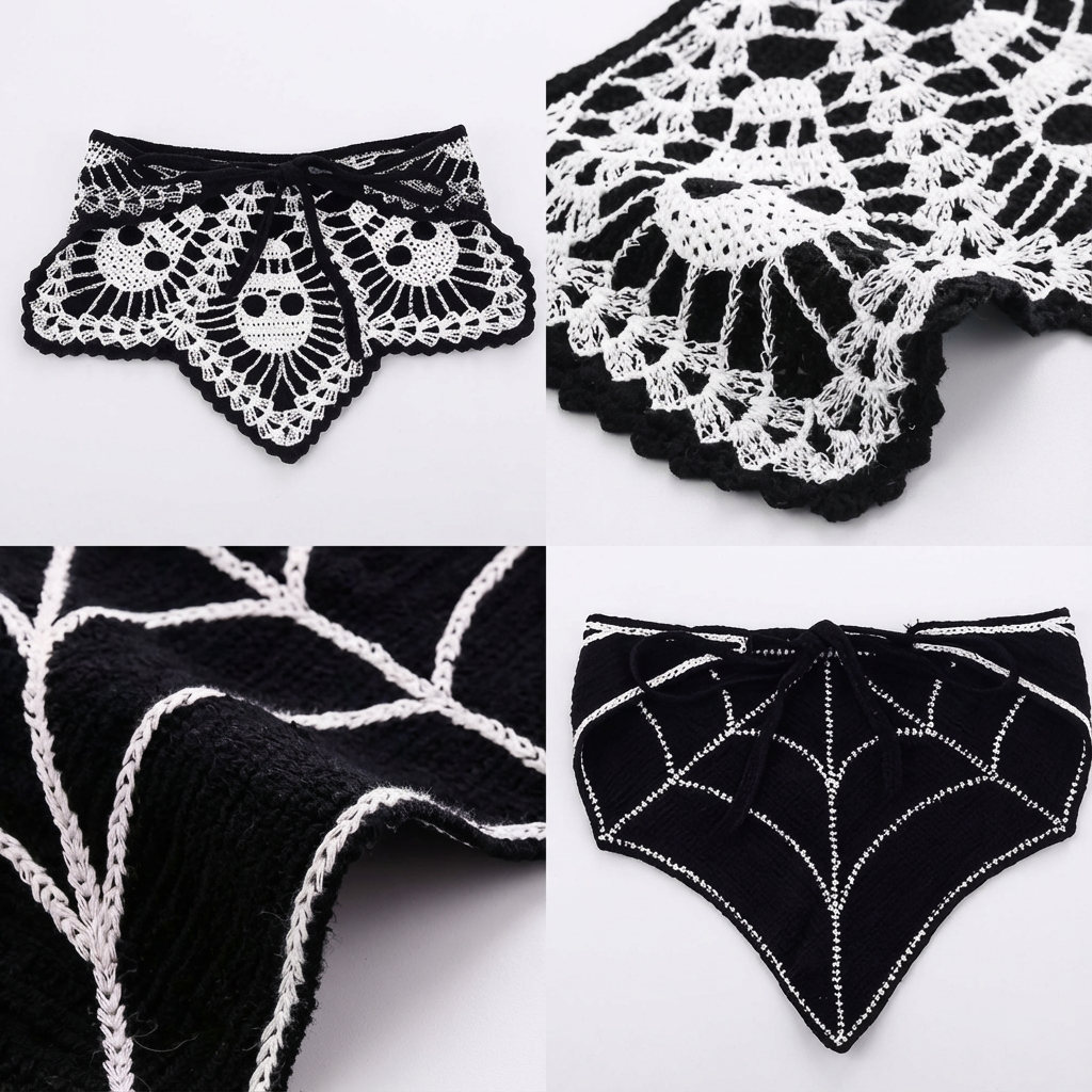 2pcs Gothic Black Skull & Spider Web Crochet Hair Accessories - Black Lace Headbands with Ribbon Bow, Perfect for Halloween & Gothic Fashion, Halloween Hair Decor | Skull Design | Texture