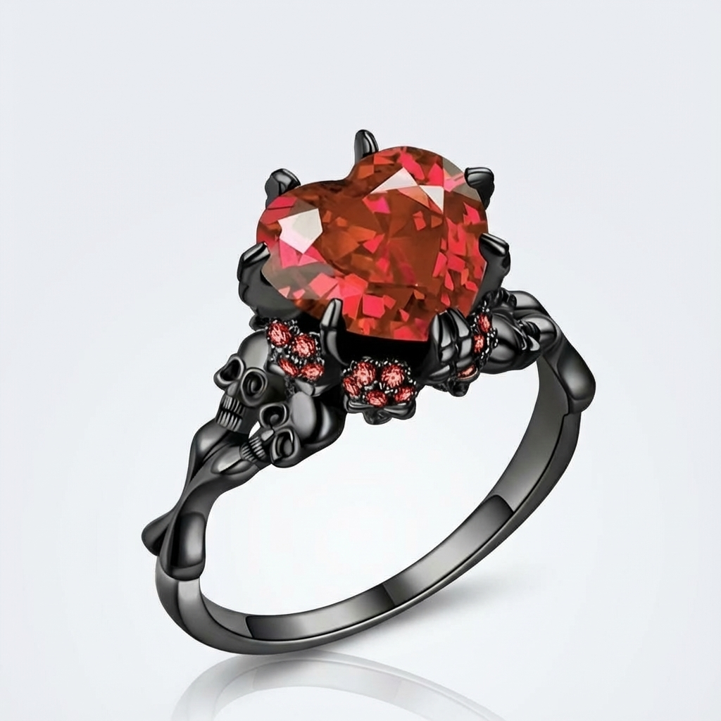 Gothic Black Double Skull Ring with Red Heart-Shaped Crystal – Vintage Women’s Jewelry for Parties, Weddings, and Casual Attire, Skull Jewelry
