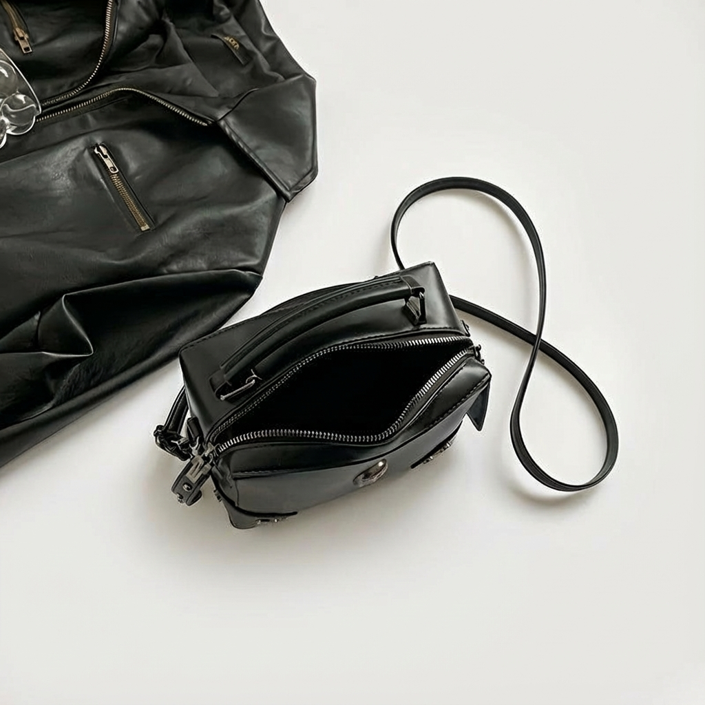 Skull Cross Punk Motorcycle Rivet Handbag Fashion Single Shoulder Crossbody Square Cosmetic Bag Suitable for Women's Daily Use Dating Gift