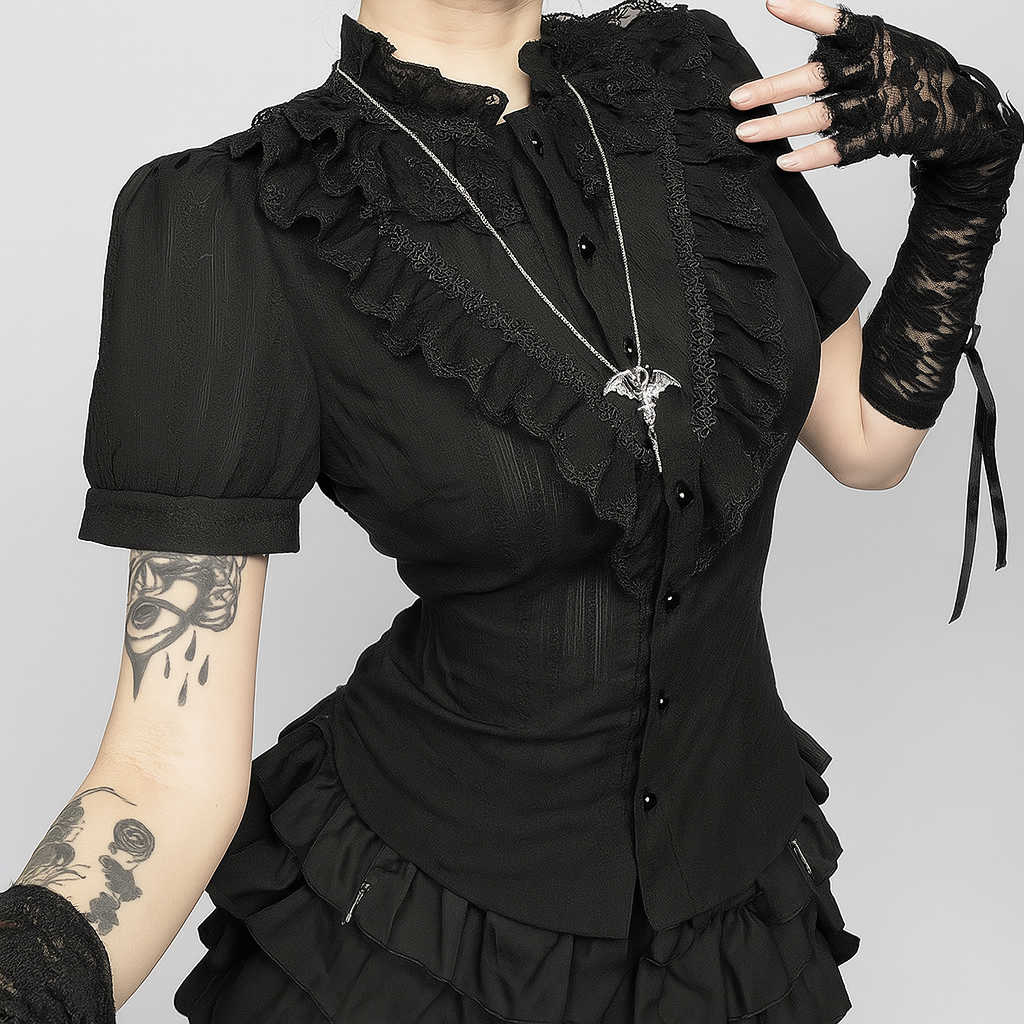 Gothic Black Ruffle Cardigan with Stand Collar