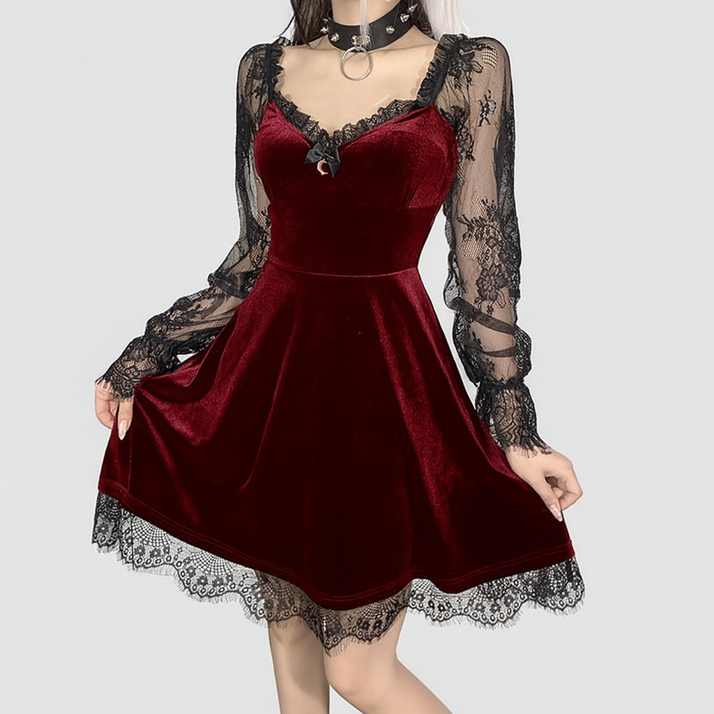 Gothic Ruffled Lace Mini Dress in Black Red and Burgundy
