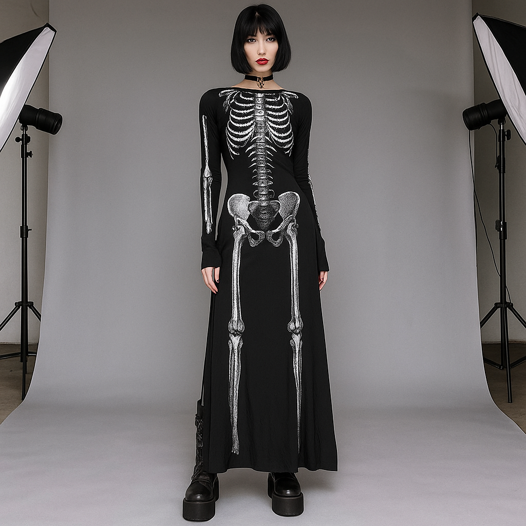 Skeleton Print Gothic Long Dress for Halloween and Alternative Fashion