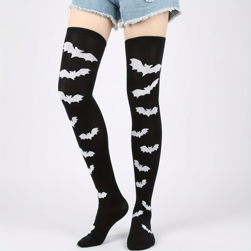 3 pairs of Halloween-themed skull and bat full-body print funny Women's over-the-knee socks, soft, comfortable, tight and high-stretch socks, suitable for parties and daily wear
