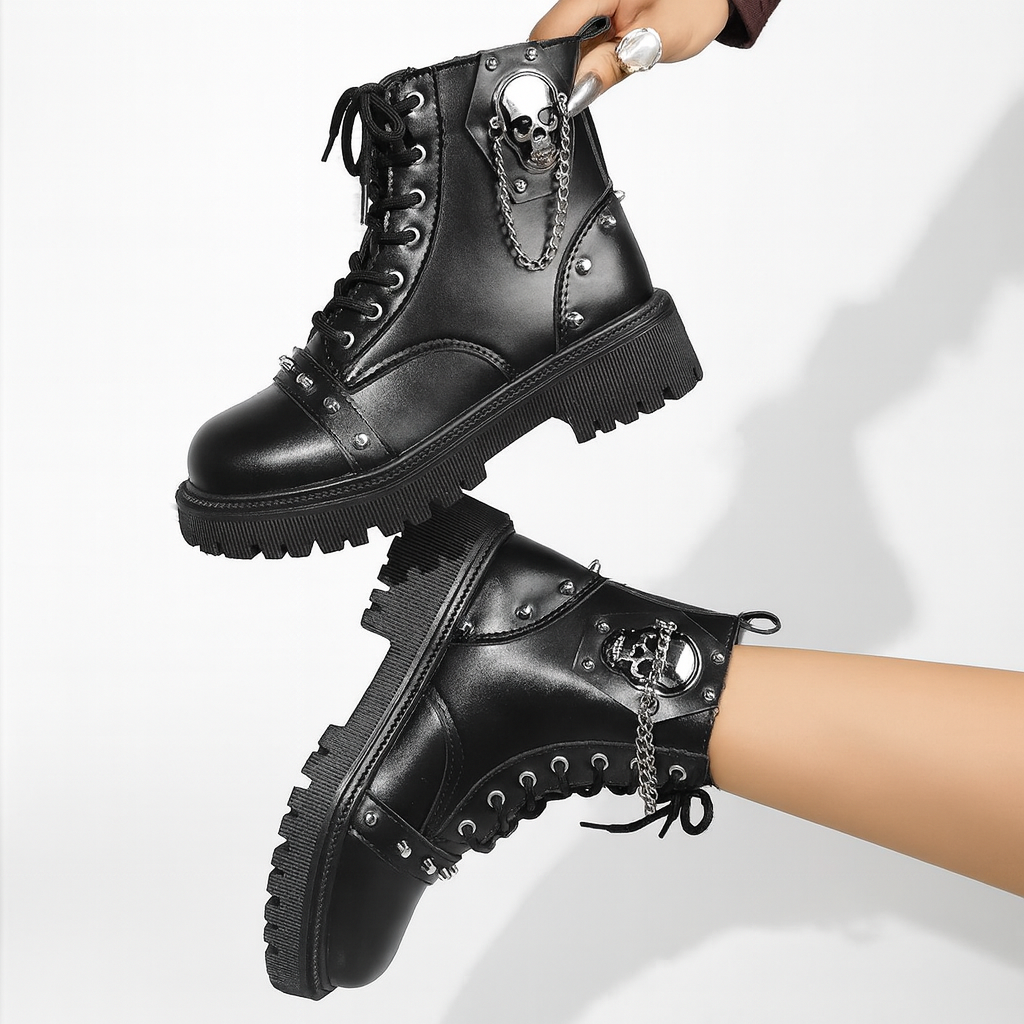 Women's Thick-Soled Short Boots, Fashion Round-Toe Lace-Up Gothic Style Women's Boots, Trendy Motorcycle Boots