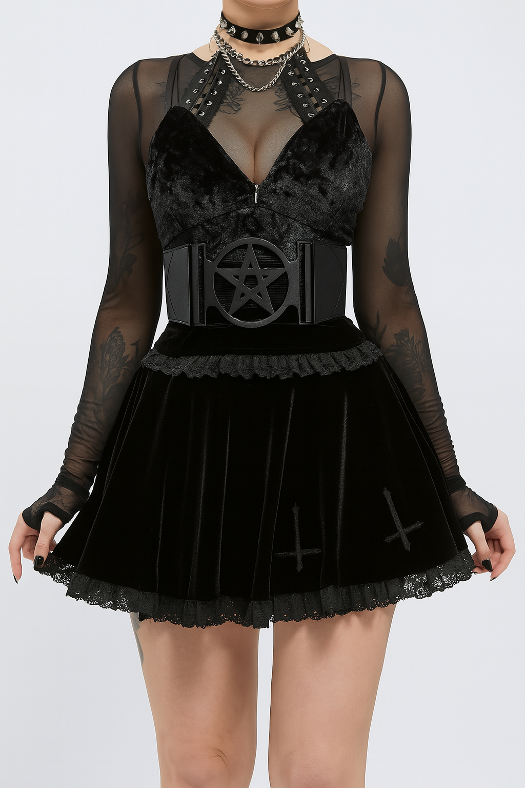 High Waist Lace Ruffle Skirt in Black Velvet