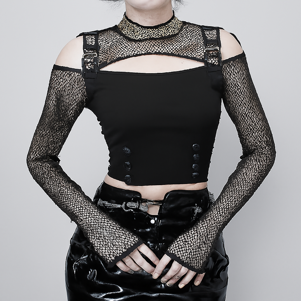 Shoulderless Black Punk Top with Fishnet Sleeves