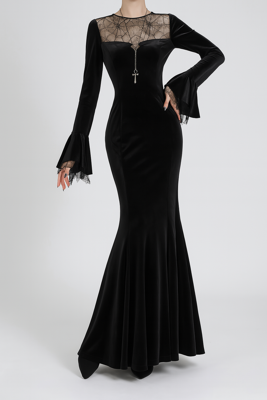 Spiderweb Lace Gothic Dress with Flared Sleeves