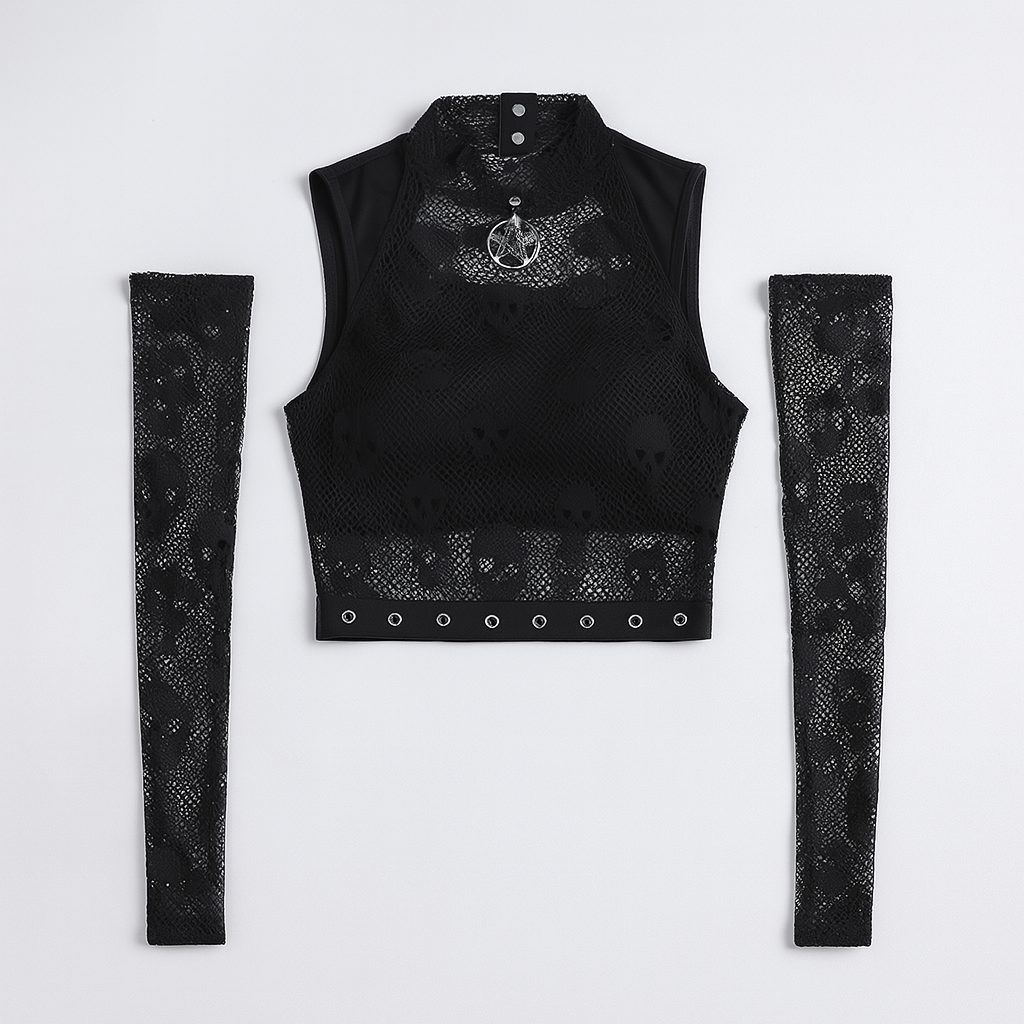 Skull Lace Tank Set with Sheer Mesh Sleeves