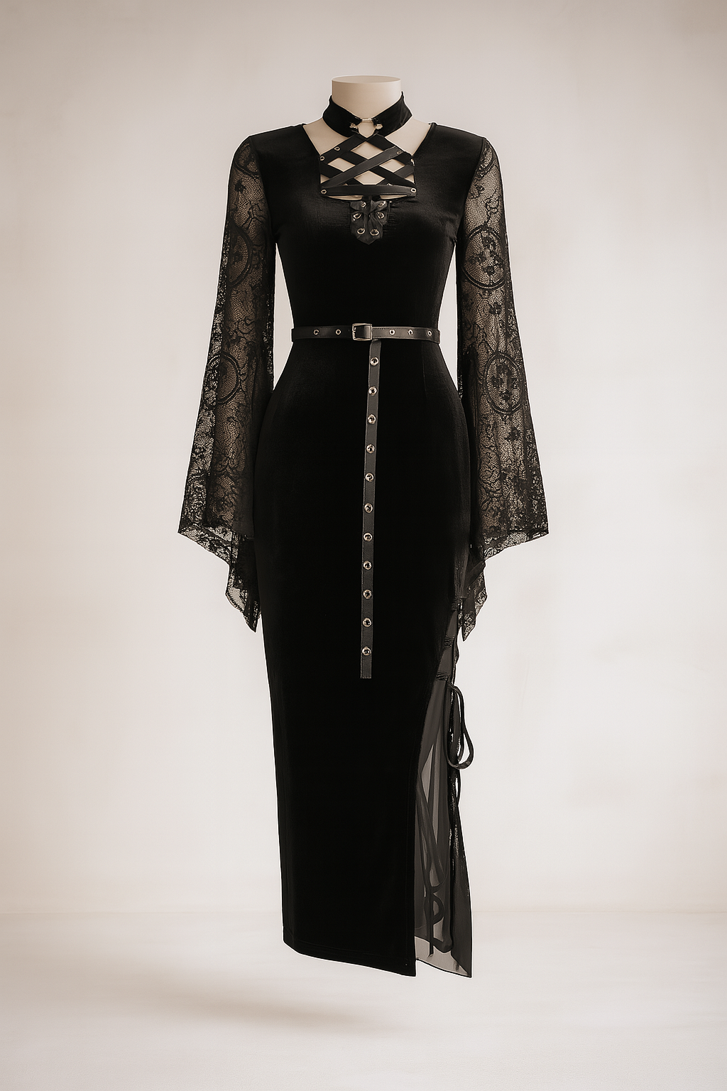 Gothic Belle Dress with Flared Sleeves and Sultry Side Slit