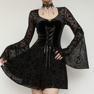 Elegant Gothic Velvet Floral Dress with Lace-Up Detail