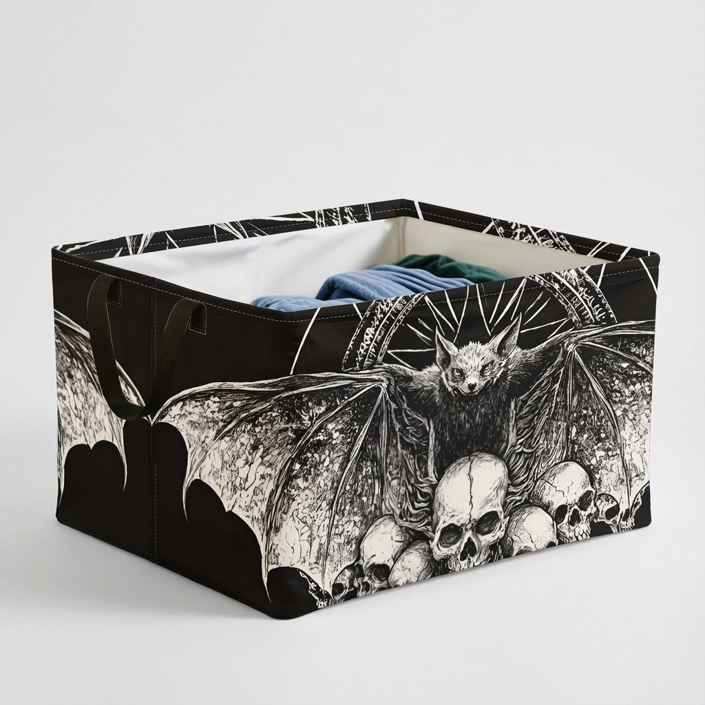1pc Large Foldable Storage Basket - Gothic Bat & Skull Organizer, Collapsible Halloween Decor, Heavy-Duty Polyester Fabric for Candy, Dorm, Home - Spooky Gothic Home Decoration Gift, Halloween Decorations, Seasonal Organizer, Sturdy Handle Design