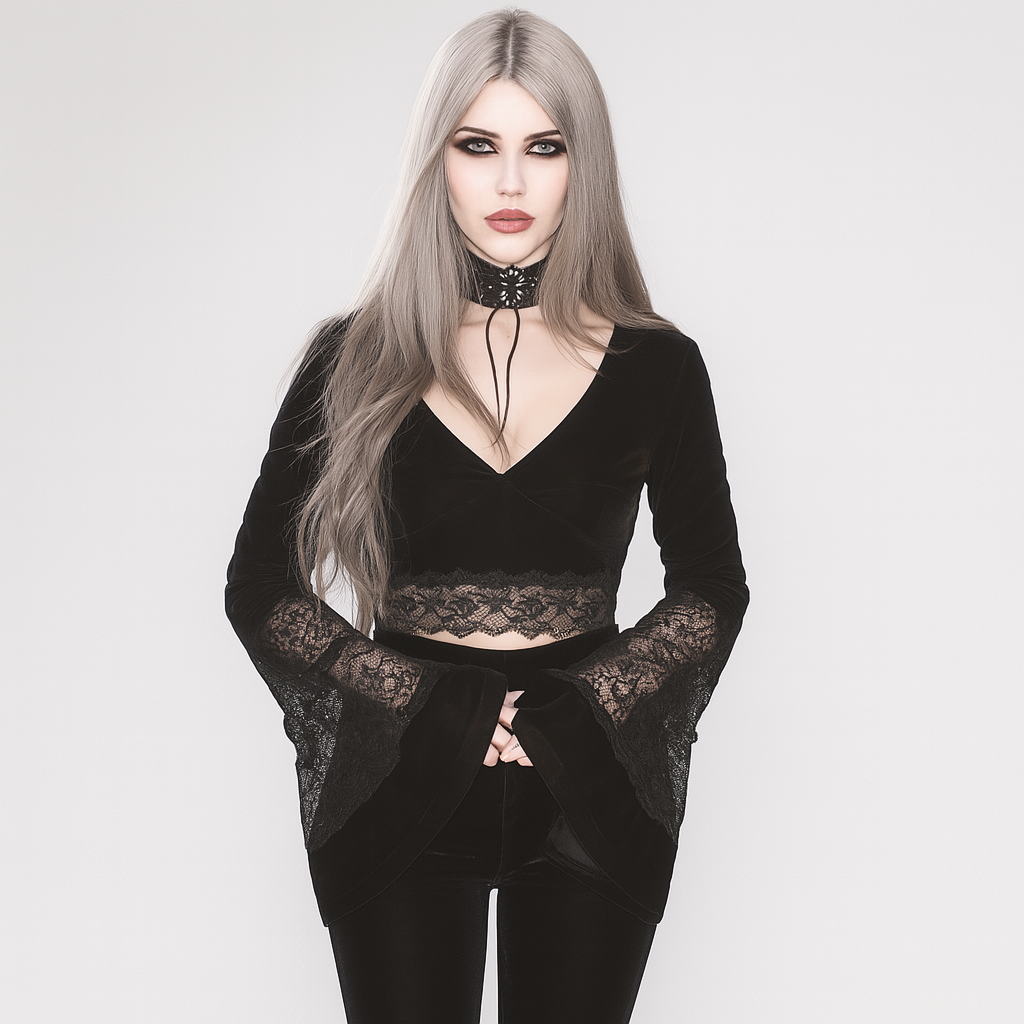 Sheer Lace Flared Sleeve Crop Top