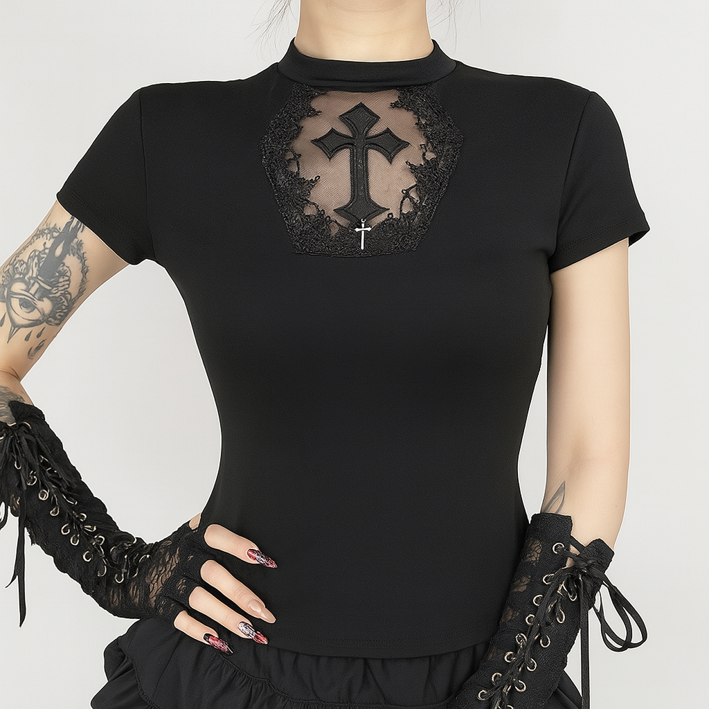 Gothic Cross Mesh Tee Top