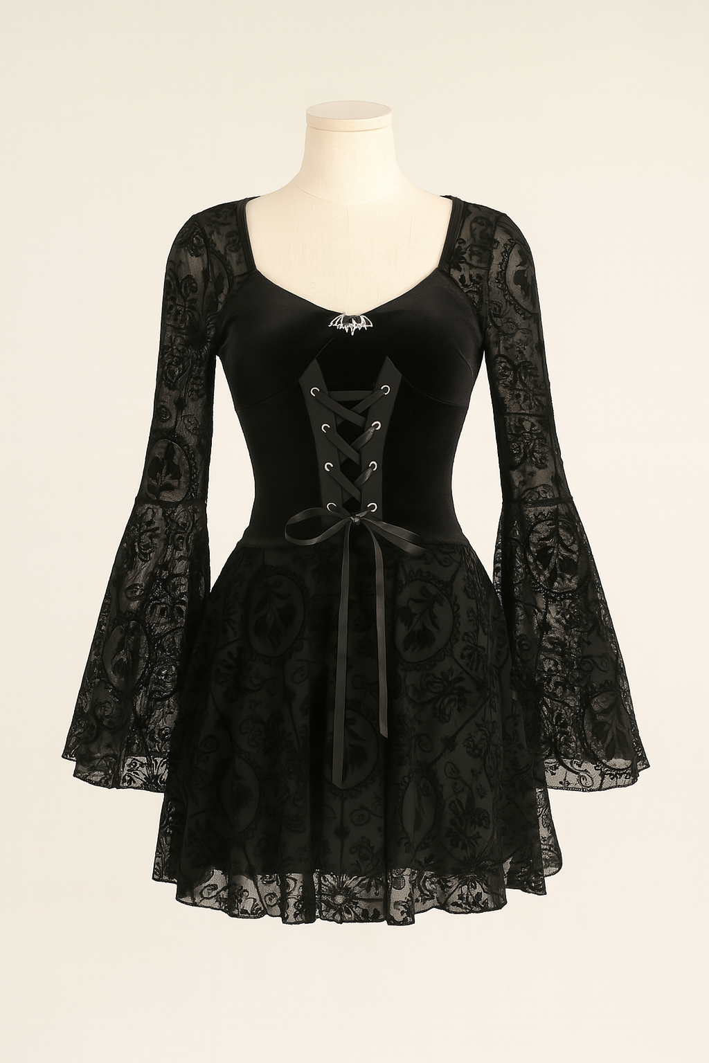 Elegant Gothic Velvet Floral Dress with Lace-Up Detail