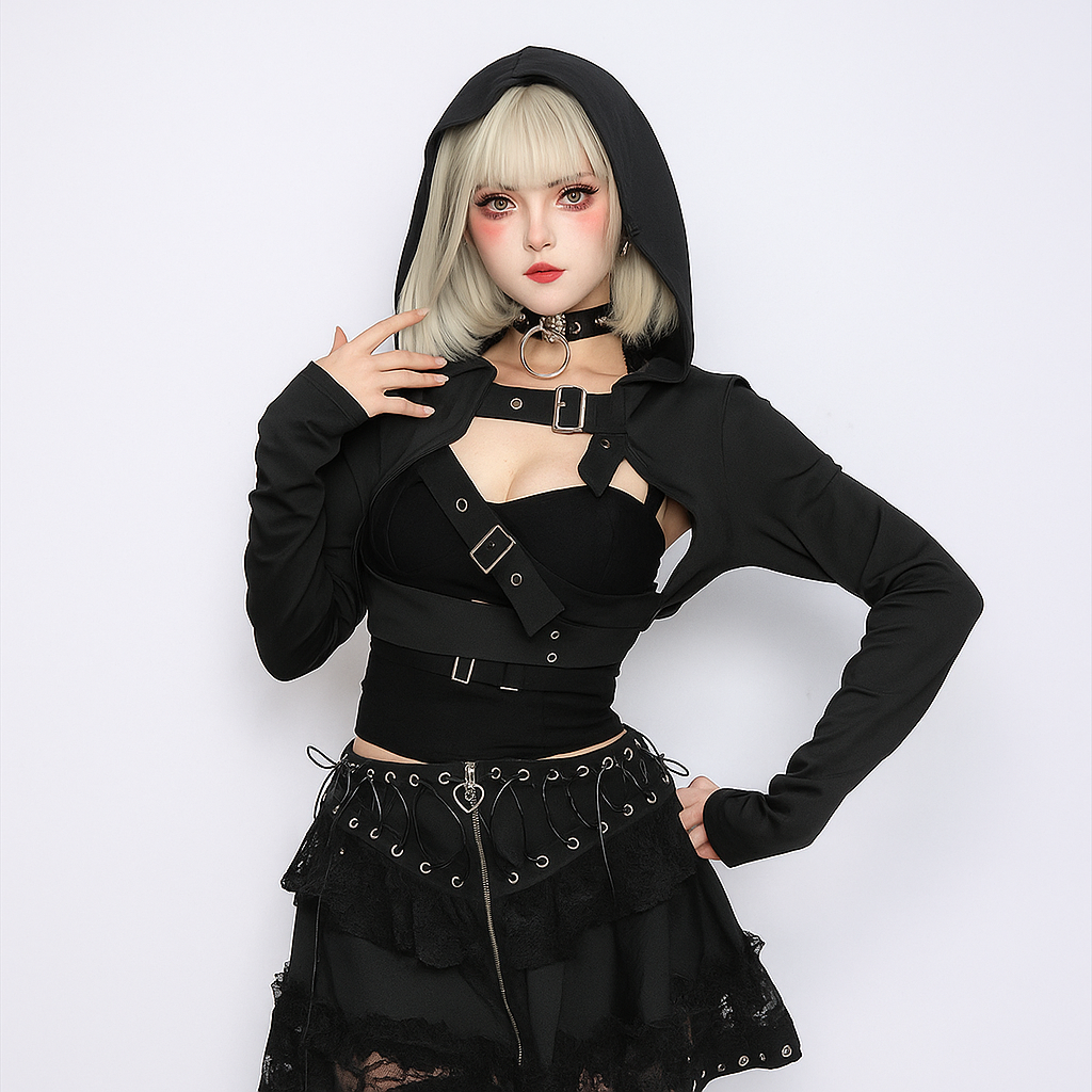 Gothic Street Style Hooded Jacket with Edgy Buckle Detail