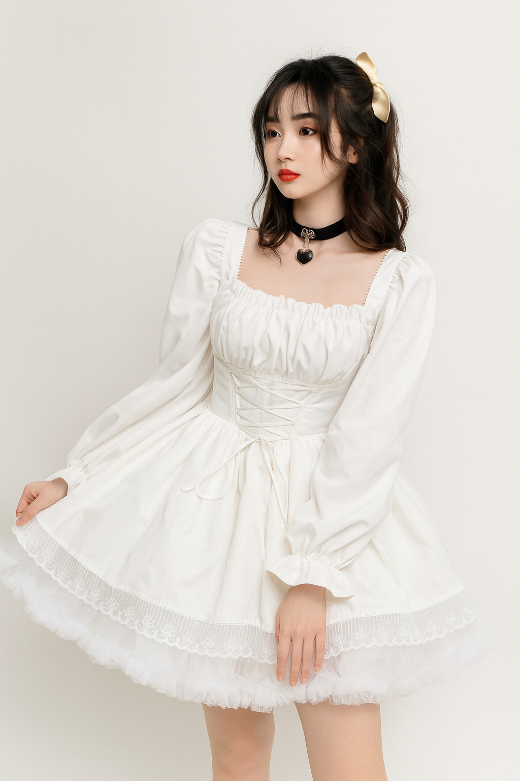 Puff Sleeve Gothic Princess Dress with Lace Trim