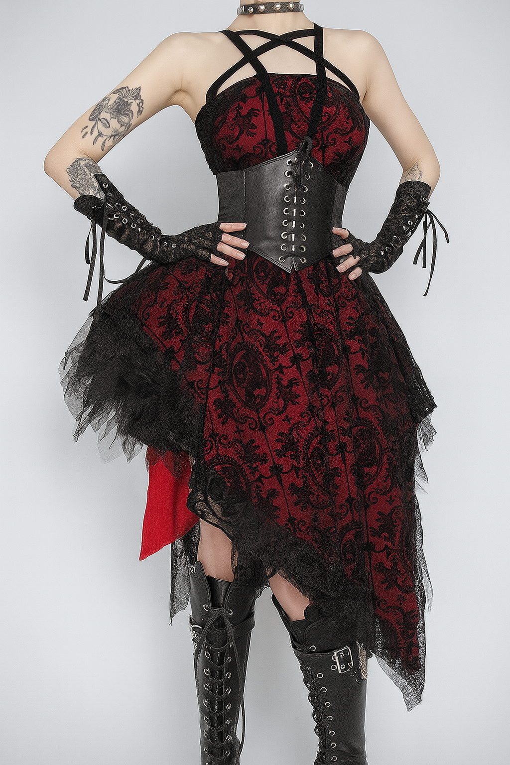 Gothic Red Flocked Mini Dress With Irregular Halter Neck