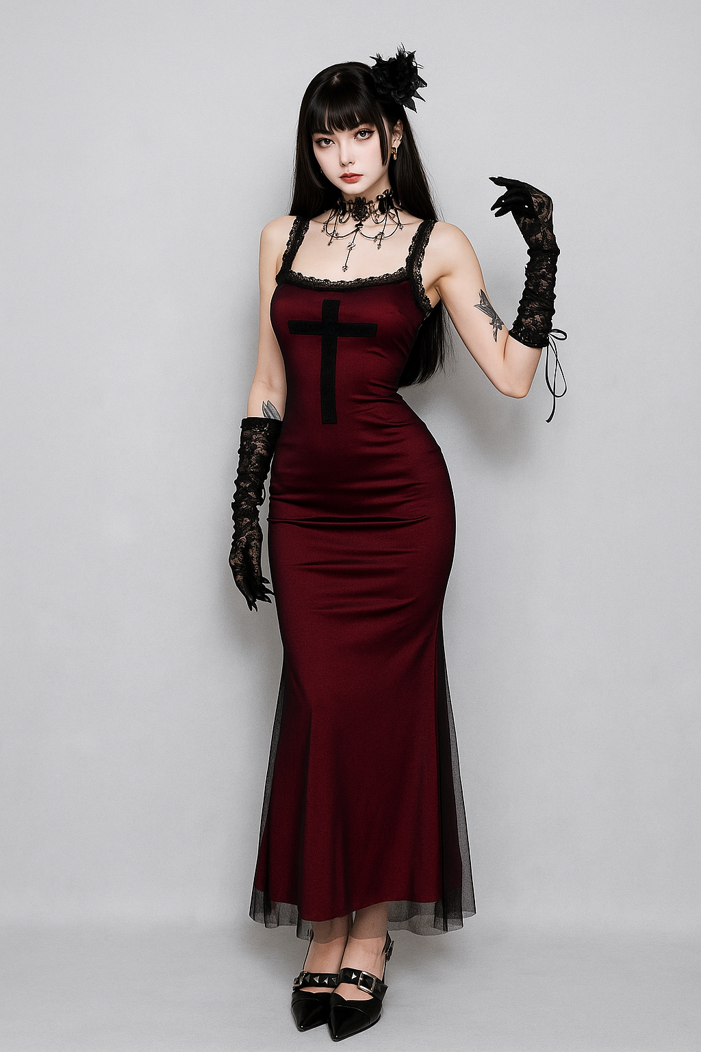 Crucifix Veil Gown – Gothic Layered Cross-Strap Dress