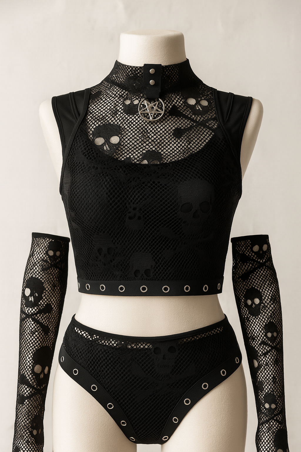 Skull Lace Tank Set with Sheer Mesh Sleeves