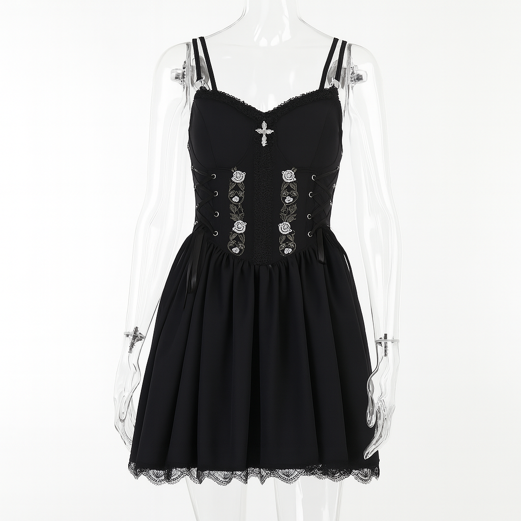 Gothic Elegance A-Line Dress with Lace Detailing