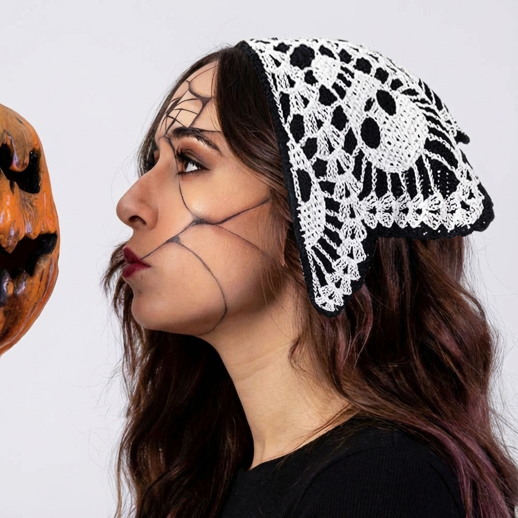 2pcs Gothic Black Skull & Spider Web Crochet Hair Accessories - Black Lace Headbands with Ribbon Bow, Perfect for Halloween & Gothic Fashion, Halloween Hair Decor | Skull Design | Texture