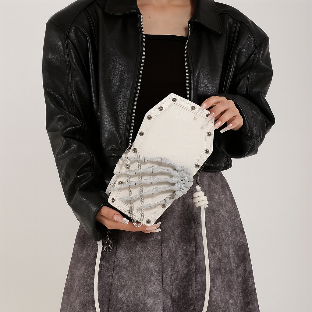 Gothic Skeleton Crossbody Bag, Shoulder Messenger with Zipper Closure, Polyester Lined, Edge Paint Detail, Solid Color, Fashionable for Halloween Horror Theme Events