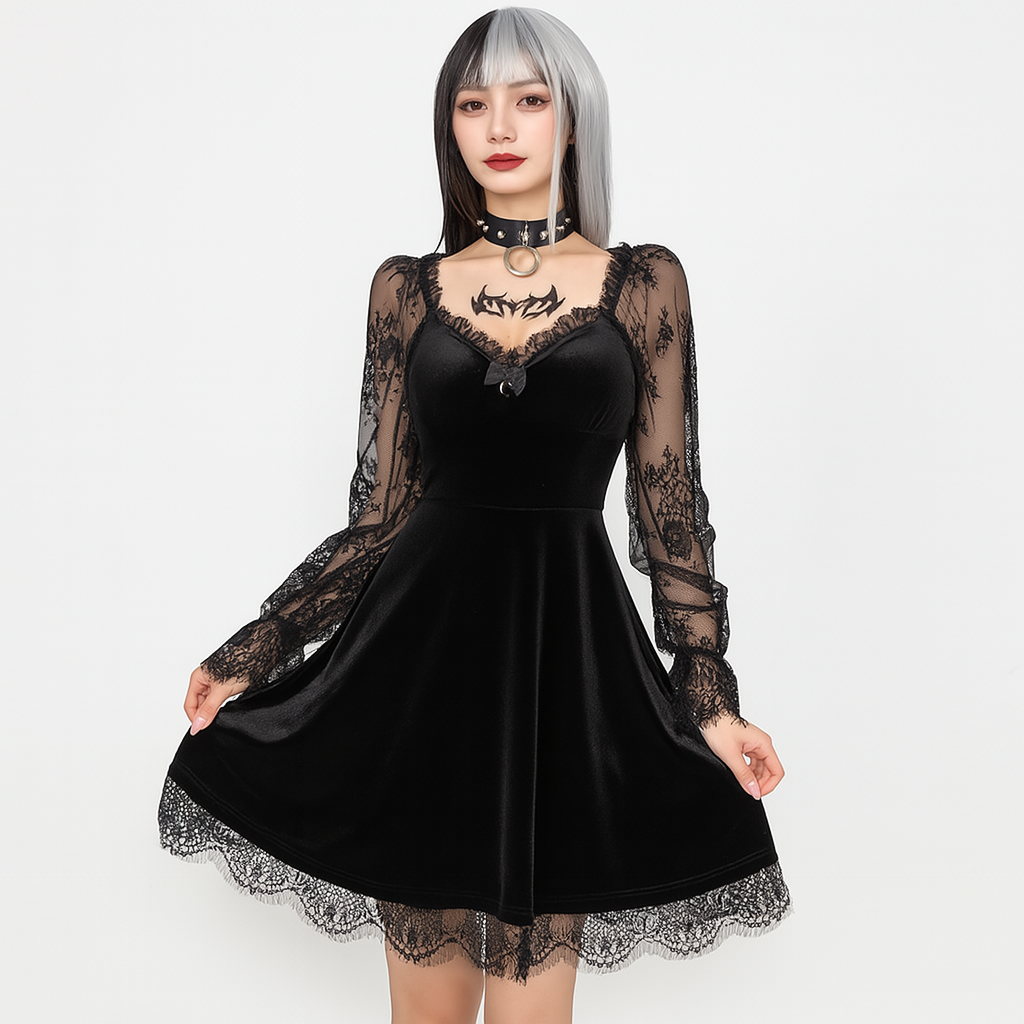 Sensual Lace Gothic A-Line Dress with Ruffled Hem