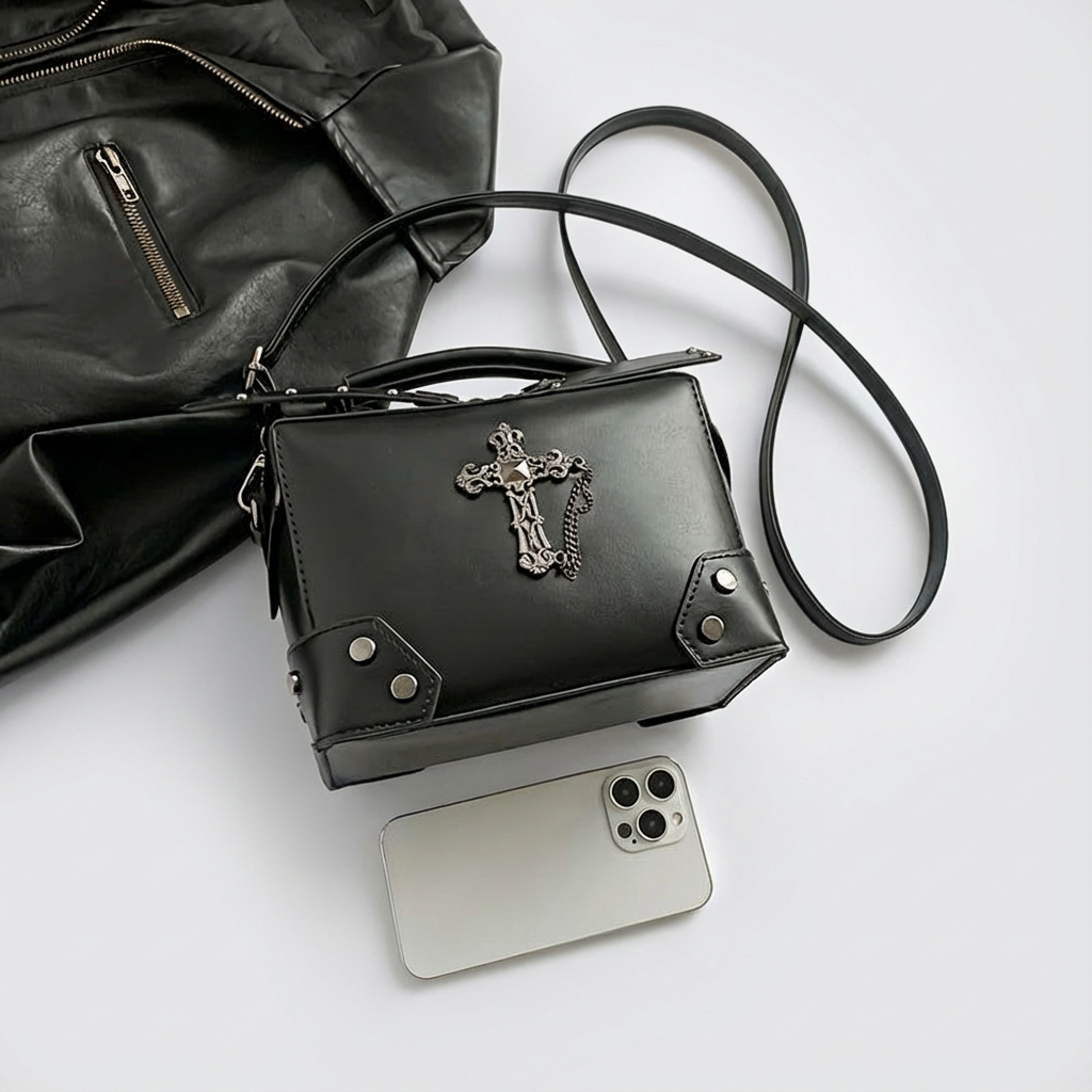 Skull Cross Punk Motorcycle Rivet Handbag Fashion Single Shoulder Crossbody Square Cosmetic Bag Suitable for Women's Daily Use Dating Gift