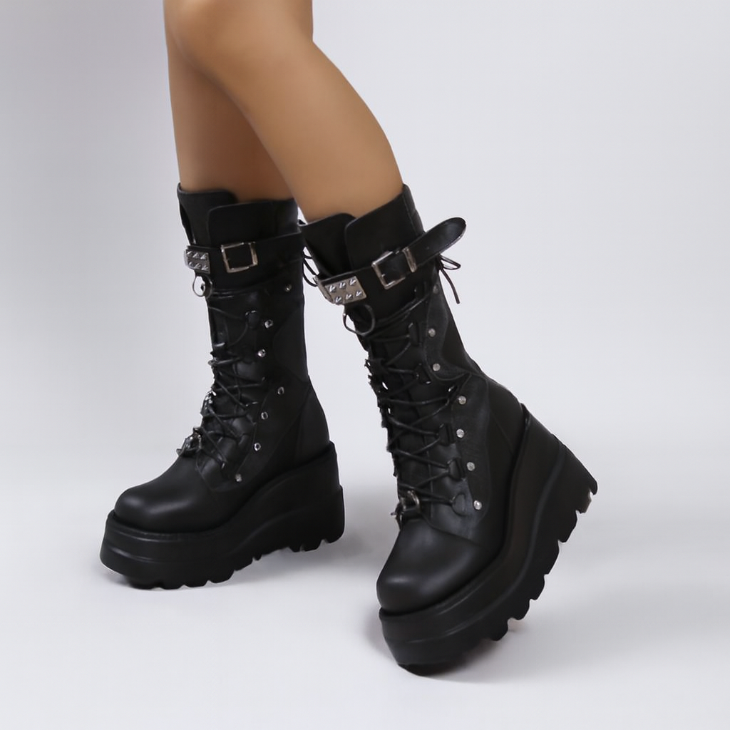 Women's Metal Beads Decor Wedge Heeled Boots, Fashion Lace Up Punk Style Boots, Stylish Back Zipper Boots