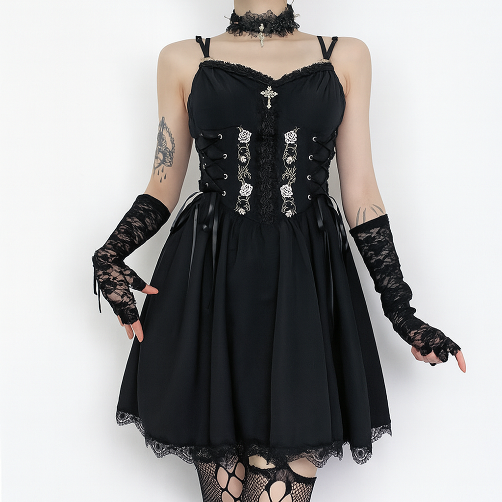 Gothic Elegance A-Line Dress with Lace Detailing