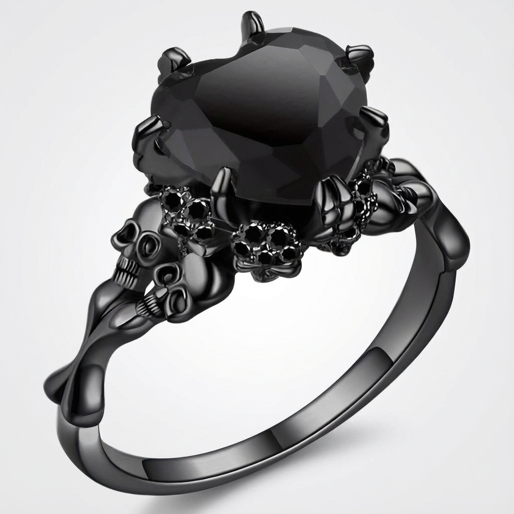 Gothic Black Double Skull Ring with Red Heart-Shaped Crystal – Vintage Women’s Jewelry for Parties, Weddings, and Casual Attire, Skull Jewelry