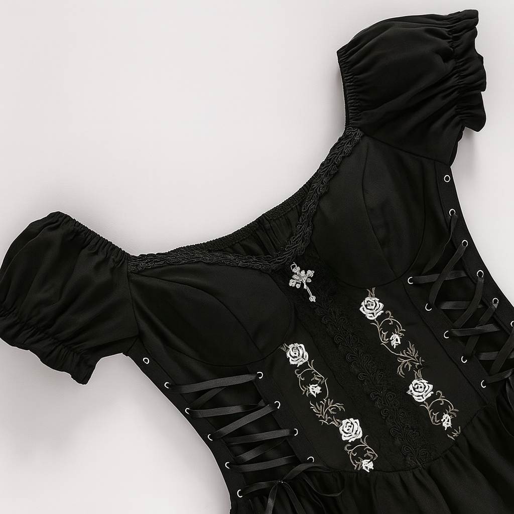 Gothic Black A-Line Mini Dress with V-Neck and Sleeveless Design
