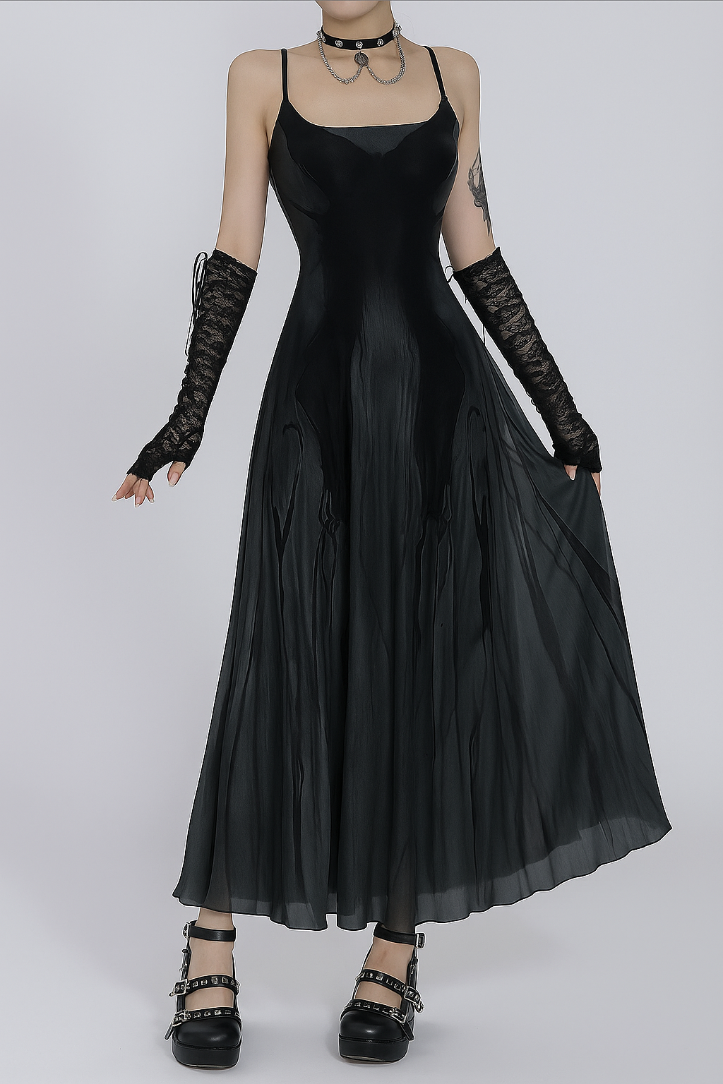 Butterfly Print Gothic A-Line Dress with Sleeves