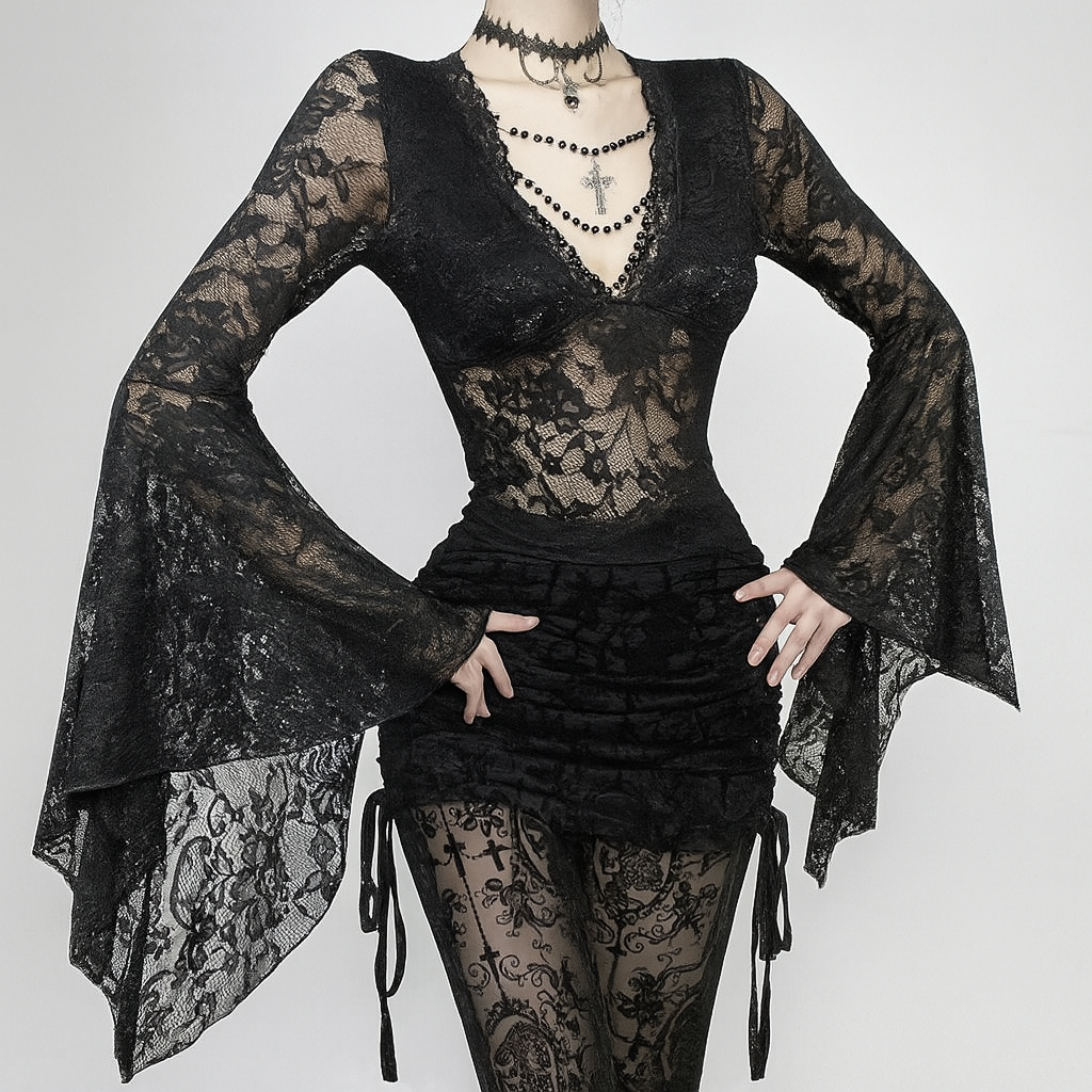 Gothic Lace V-Neck Top with Flared Sleeves for Dark Romantic Style