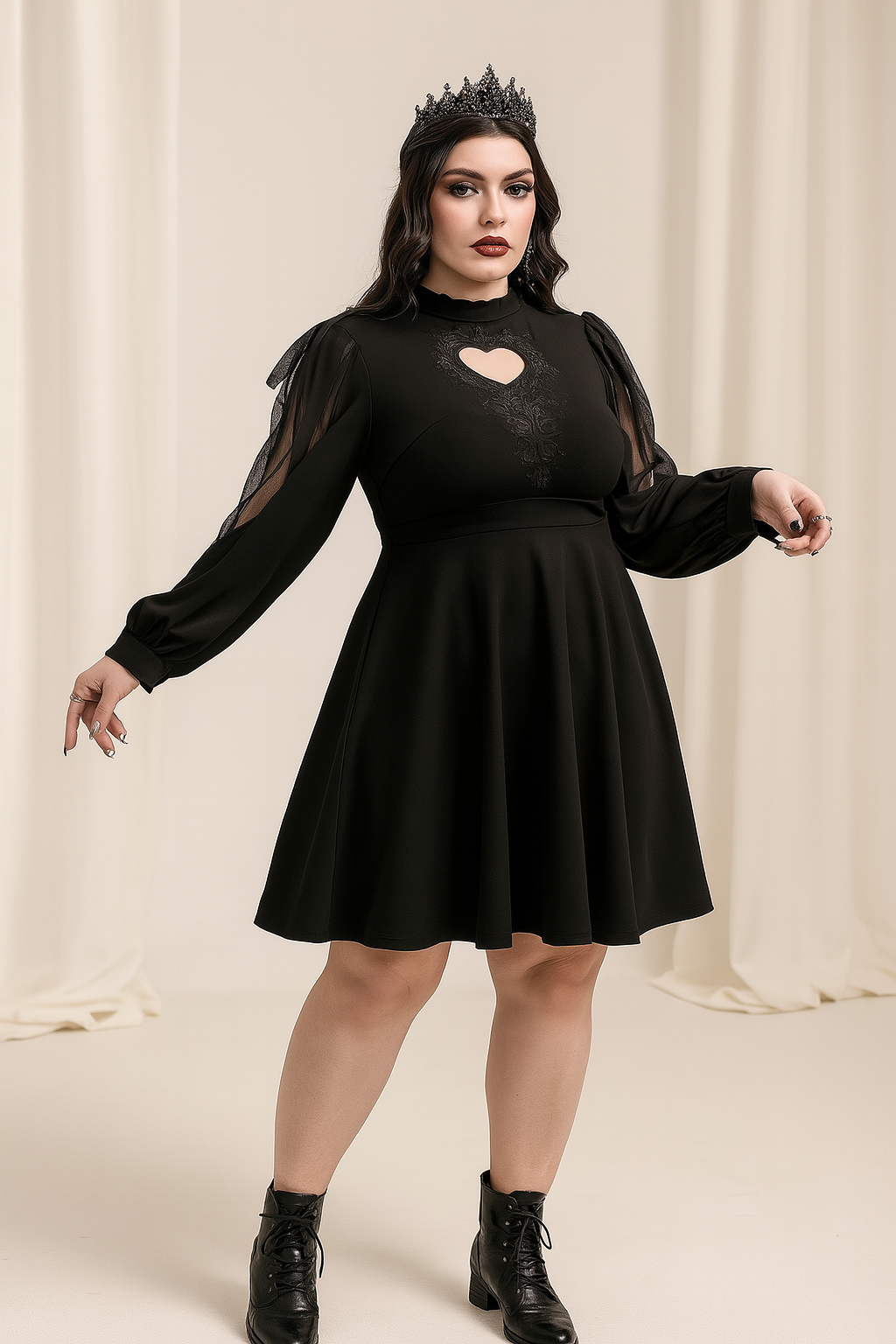 Dark Romantic A-Line Dress with Sheer Mesh Sleeves