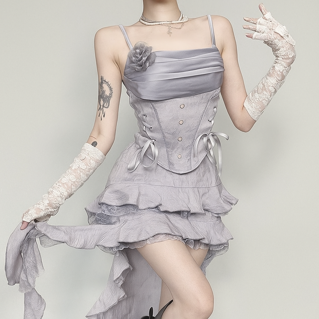 Silver Gray Gothic Floral Asymmetrical Skirt Set