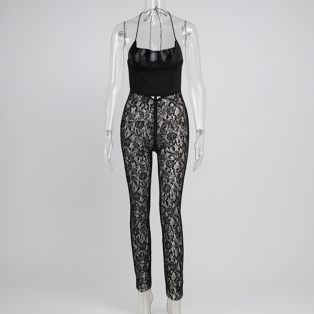Gothic Sheer Lace Jumpsuit with Lace-Up Details