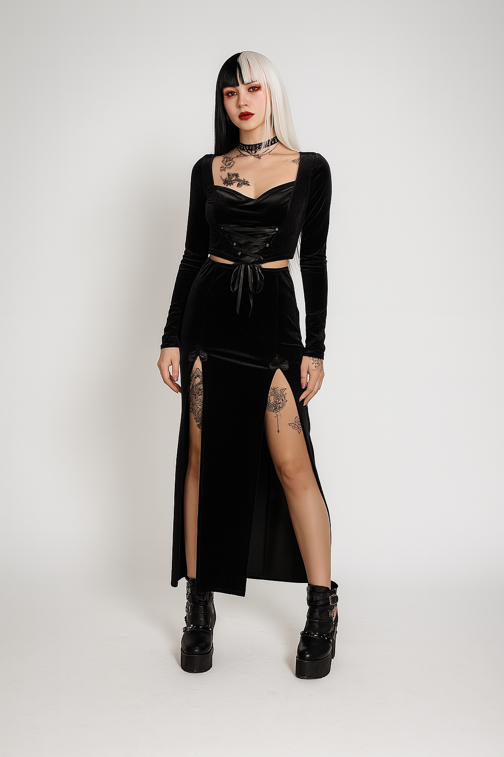Witchy High Waist Slit Skirt in Black Velvet