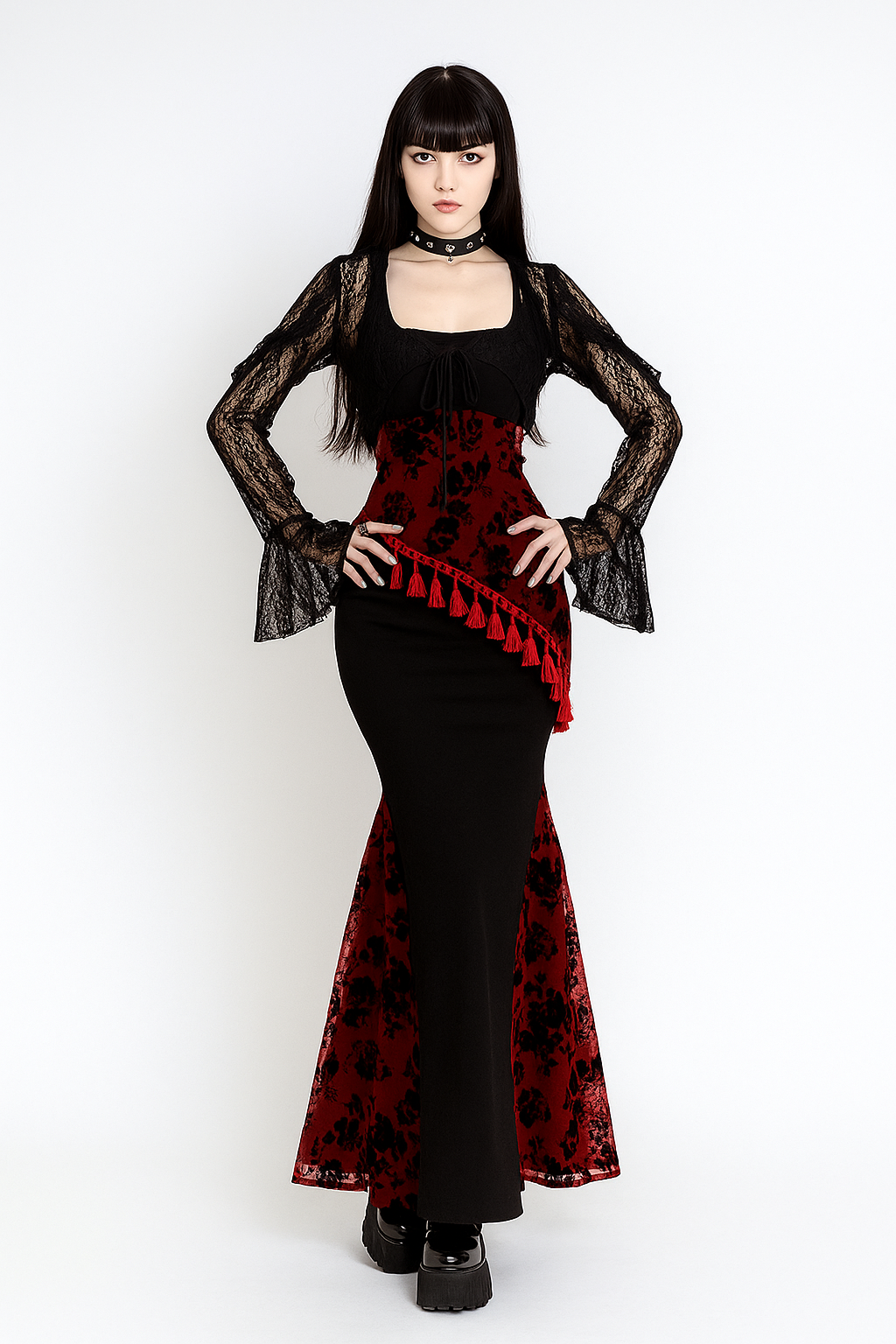 Floral Fringe Gothic Maxi Dress With Lace Accents