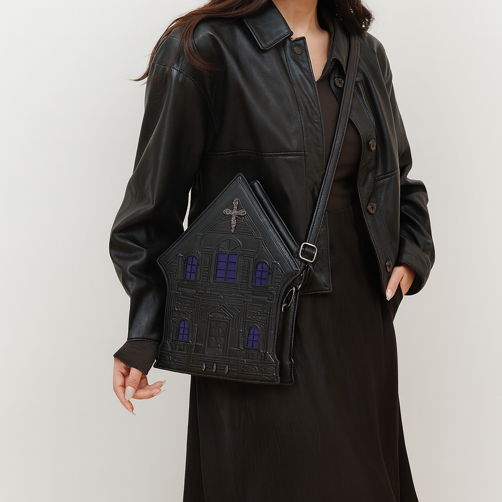 Gothic Style Crossbody Bag for Women - Black with Zipper Closure, Polyester Lining & Metal Hardware Accents, Durable Stitched Edges, Ideal for Casual and Formal Wear, Fantasy-Themed Design, Gothic Crossbody Ba
