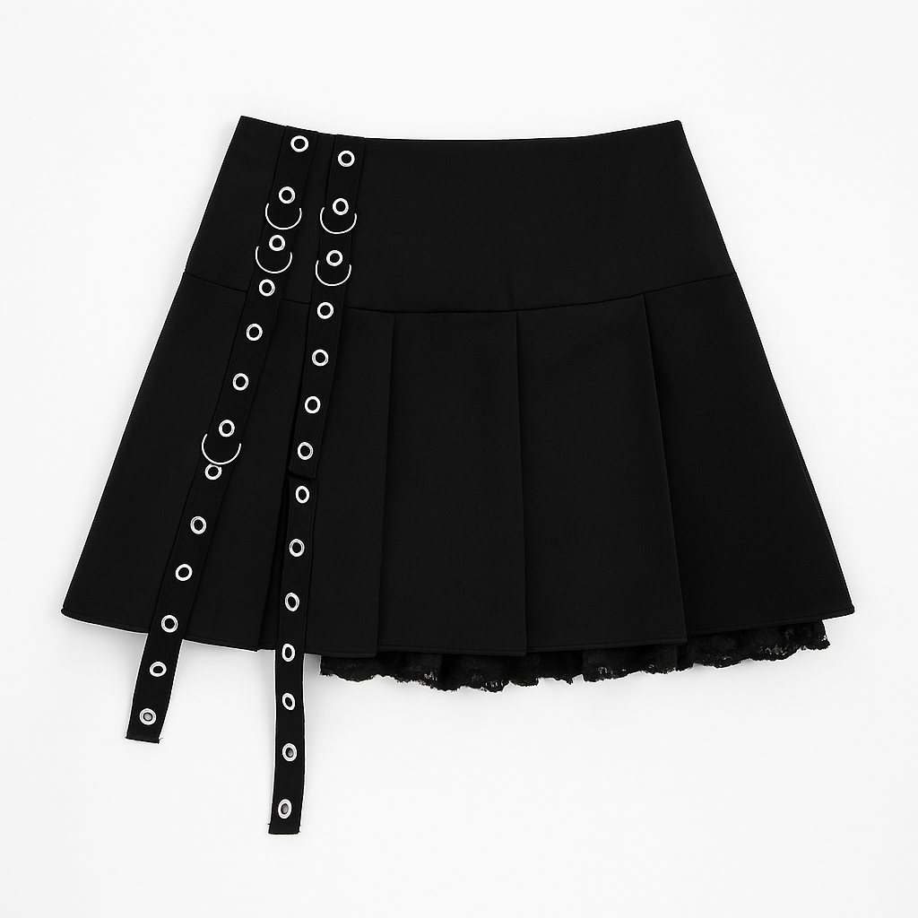 Gothic Black Pleated Mini Skirt with Irregular Strap Design