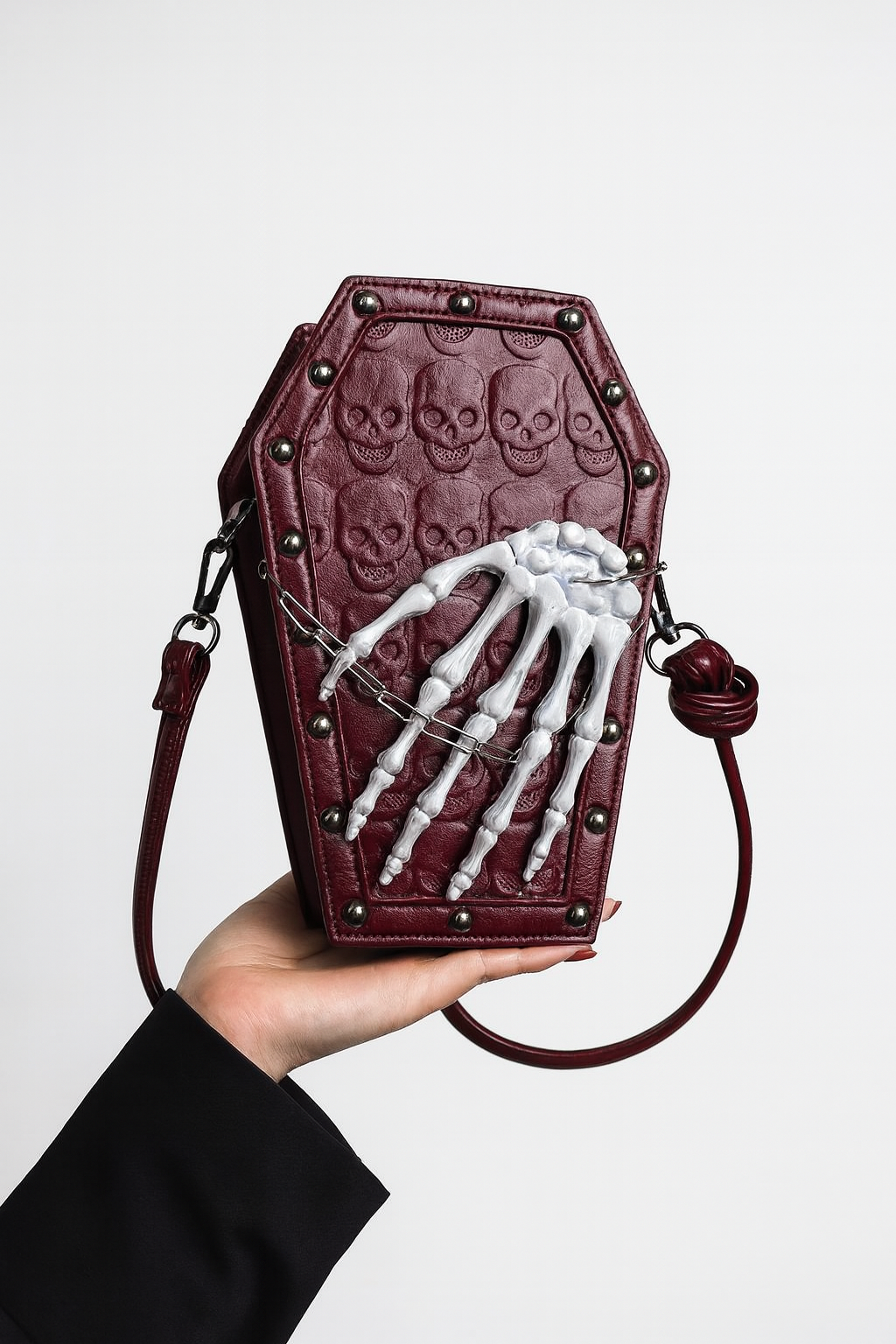Gothic Skeleton Crossbody Bag, Shoulder Messenger with Zipper Closure, Polyester Lined, Edge Paint Detail, Solid Color, Fashionable for Halloween Horror Theme Events