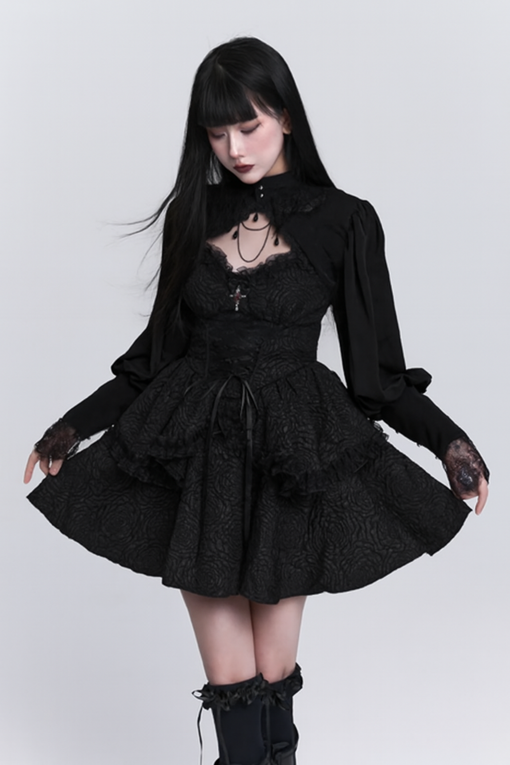 Black Lace-Up Flared Gothic Dress